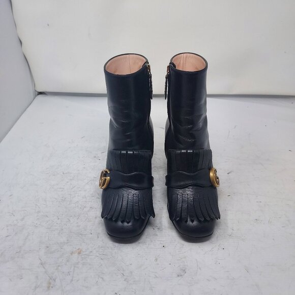 GUCCI Leather Black Malaga Kid GG Marmont Fringe Ankle Boot - Picture 6 of 15